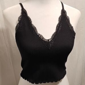Love Tree seamless Camisole L top Black Ribbed Lace and Ruffle